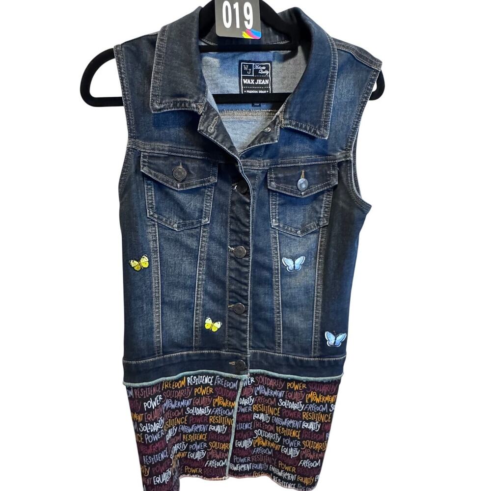 Y2K Wax Jean Butterfly Peace Sign Upcycled Denim Vest Dress Tunic Medium